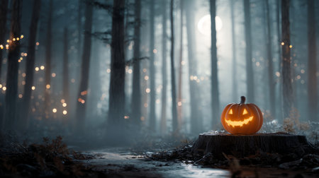Glowing carved pumpkin with a cheerful face sits on a tree stump in a misty forestの素材