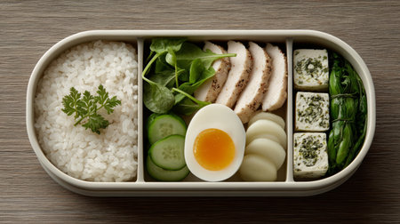 Neatly arranged bento box containing rice, sliced chicken, soft-boiled egg, spinach, cucumbers, herbs, and tofu with seasoning.の素材