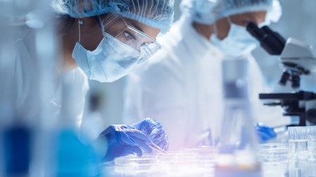 Focused female scientist in protective gear examines vibrant petri dish samples in a modern laboratory setting, conducting biological research.の素材