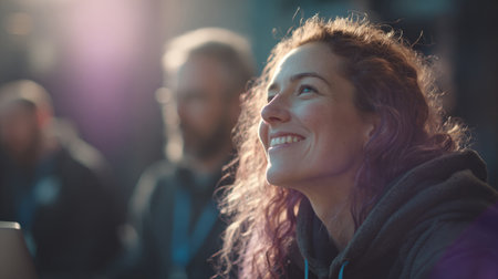 Candid portrait of a happy young woman at tech conference, wearing badge, vibrant neon lighting, laptops and crowd blurred in background.の素材