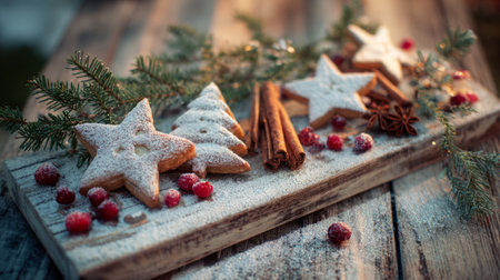 Festive holiday cookies in star and tree shapes with icing, spices, and cranberries perfect for Christmas cardsの素材