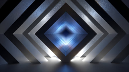 Abstract sci-fi tunnel made of glowing diamond-shaped frames, converging toward a bright light at the center in deep space.の素材