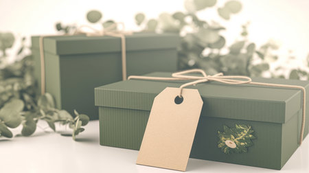 Minimalist green gift box tied with rustic twine and a blank kraft paper tag, styled with blurred natural greenery background.の素材