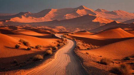 A curving road cuts through vast orange sand dunes in a remote desert landscape, glowing under the golden light of sunset.の素材