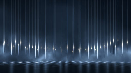 Abstract dark blue scene with vertical light beams, shimmering particles, and bokeh perfect for tech events, award stages, headers, or posters.の素材