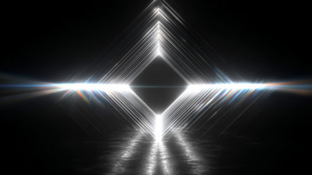 Abstract sci-fi tunnel made of glowing diamond-shaped frames, converging toward a bright light at the center in deep space.の素材