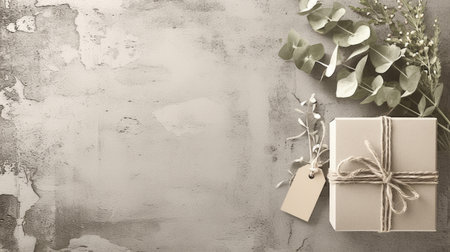 Elegant wrapped gift box decorated with rustic twine, blank kraft paper tags, and fresh greenery on a textured concrete background.の素材