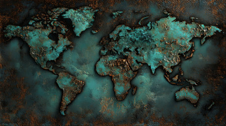 world map carved into aged copper with turquoise patina and metallic highlights, creating a rustic textured background.の素材