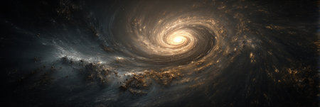 Vast spiral galaxy filled with countless stars and cosmic dust, glowing brightly around a radiant central star in deep space.の素材