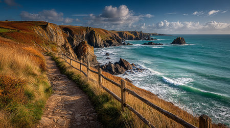 Scenic coastal path runs alongside dramatic cliffs and crashing waves, offering panoramic views of turquoise ocean and rugged shoreline.の素材