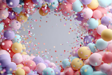 Colorful pastel balloons and falling confetti form a playful circular border with copy space ideal for party invites, banners, and ads.の素材