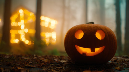 pumpkin lantern with chipped tooth smile, amber subsurface scattering, forest silhouettes,の素材