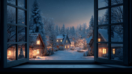 Whimsical view of a cozy, snow-covered miniature Christmas village with glowing lights and soft snowfall, seen through a frosty window.の素材
