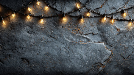 Cozy string lights draped across a textured dark stone surface, warm amber glow and ample copy space for festive designs.の素材