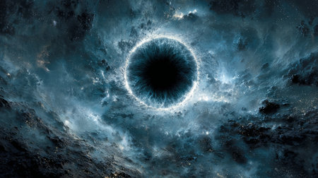Surreal deep-space scene resembling a giant eye, with a dark central void and glowing blue filaments radiating across cosmic clouds.の素材