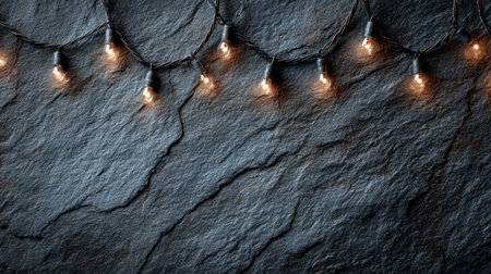 Cozy string lights draped across a textured dark stone surface, warm amber glow and ample copy space for festive designs.の素材