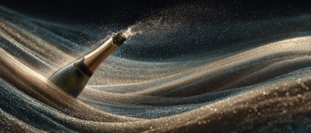 Dynamic champagne bottle burst sending glittering golden streams across a dark background perfect for New Year promotions, party invites, luxury celebrations.の素材