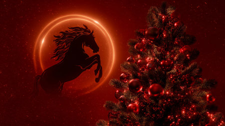 Black horse statue above red Christmas Happy New Year of the Fire Horse 2026 Backgroundの素材