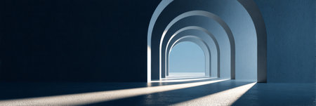 Minimal geometric space featuring a series of textured blue arches and soft lighting, creating depth, symmetry, and architectural elegance.の素材
