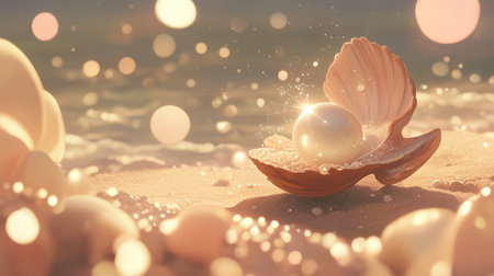 Close-up of an open seashell resting on wet sand, revealing a shining pearl inside with soft ocean bokeh in background.の素材