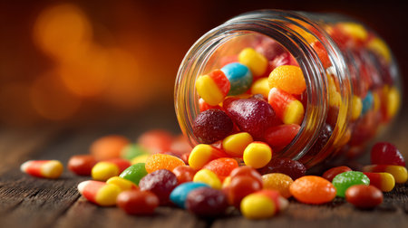 Vibrant assortment of colorful candies spilling out of a glass jar onto a wooden surface, creating a festive and sweet display.の素材