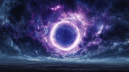 A surreal glowing sunburst emerges through swirling clouds and stars above a vast ocean coastline, creating a dramatic celestial scene.の素材