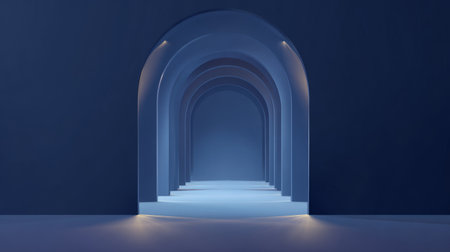 Minimal geometric space featuring a series of textured blue arches and soft lighting, creating depth, symmetry, and architectural elegance.の素材
