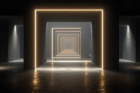 Dark corridor featuring glowing square light frames creating a futuristic tunnel effect, reflecting on wet floor for a dramatic atmosphere.の素材