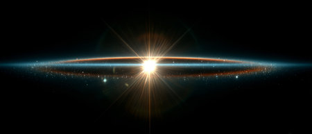 A luminous circular energy ring with central light burst and lens flares, creating a futuristic cosmic or sci-fi visual effect.の素材