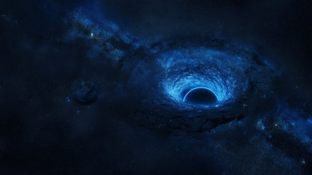 Surreal depiction of a glowing black hole in space, surrounded by swirling cosmic dust, stars, and intense gravitational energy.の素材