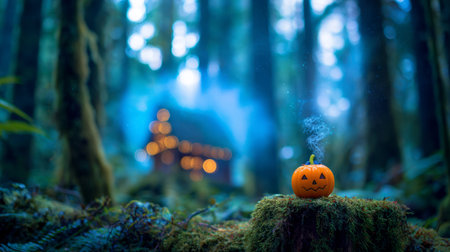 A pumpkin lantern on a mossy stump, a wisp of smoke above, columns of blue fog between the treesの素材
