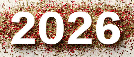 2026 digits on red and gold star confetti over white wood, ideal for New Year banners, greetings, headers, and promotions.の素材