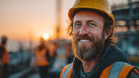 Cheerful bearded construction worker in orange safety gear and hardhat, on a busy jobsite with machinery bokeh ideal for teamwork and recruitment themes.の素材