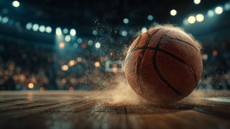 basketball hitting the polished court surface with dramatic energy, surrounded by blurred players and bright stadium lights.の素材