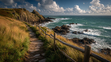 Scenic coastal path runs alongside dramatic cliffs and crashing waves, offering panoramic views of turquoise ocean and rugged shoreline.の素材