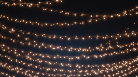 Warm golden fairy lights arranged in elegant strands with sparkling bokeh background, creating a magical festive and celebratory atmosphere.の素材