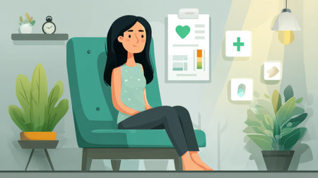 woman sitting casually indoors, surrounded by health-related icons, plants, and charts representing balance and wellbeing.の素材