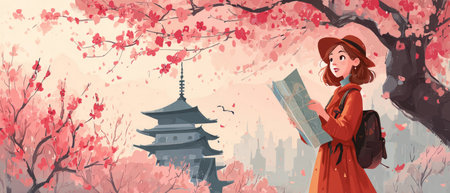 young woman holding a map under blooming cherry blossoms near a traditional templeの素材