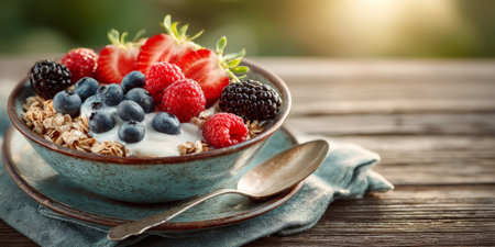 Nutritious breakfast bowl featuring creamy yogurt, banana slices, strawberries, raspberries, and crunchy granola served with coffee on rustic table.の素材
