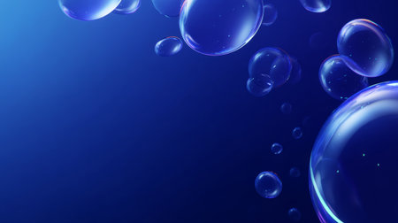 Abstract illustration of transparent water bubbles floating with a curved wave of light and motion on a bright blue backdrop.の素材