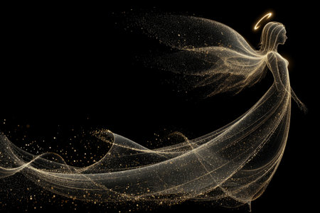 Glittering golden angel silhouette with halo,halo sparkle, gentle particle. Generative AIの素材