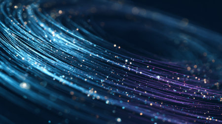 Dynamic and glowing light trails sweep across a dark background,の素材