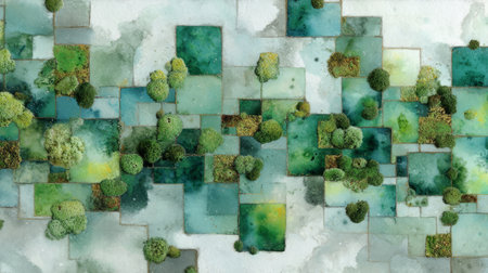 depicting a forest of stylized trees in green and blue hues, creating a whimsical abstract natural landscape.の素材