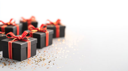 Luxurious vertical holiday background featuring black presents with red bows and gold confetti framing white copy space for sales, invites, and ads.の素材
