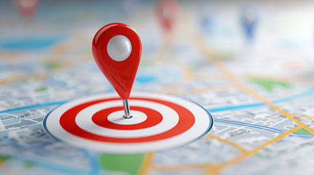 location pin placed on a detailed city map, symbolizing GPS navigation, travel, and destinations.の素材