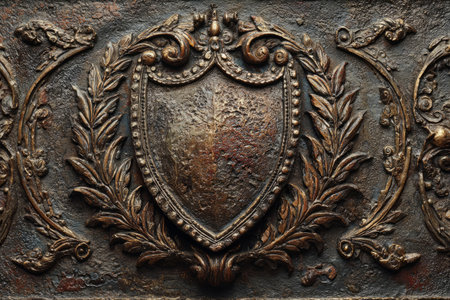 Antique bronze shield with a surrounding laurel wreath embossed on a weathered metallic surface, symbolizing honor and victory.の素材