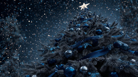 Magical blue Christmas tree decorated with ornaments and a glowing star topper, surrounded by sparkling festive atmosphere in the dark.の素材