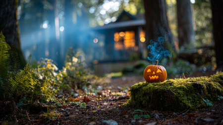 A pumpkin lantern on a mossy stump, a wisp of smoke above, columns of blue fog between the treesの素材