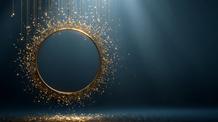 Suspended golden sunburst ring sparkles against a dark teal backdrop, soft light rays creating luxurious copy space perfect for festive branding.の素材