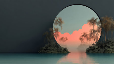Stylized tropical paradise with palm trees, sandy islets, and turquoise waters, viewed through a round window against a textured wall.の素材